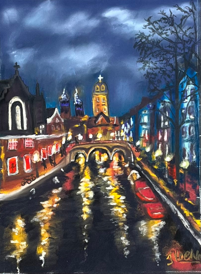 Night out in Amsterdam Original Pastel Painting