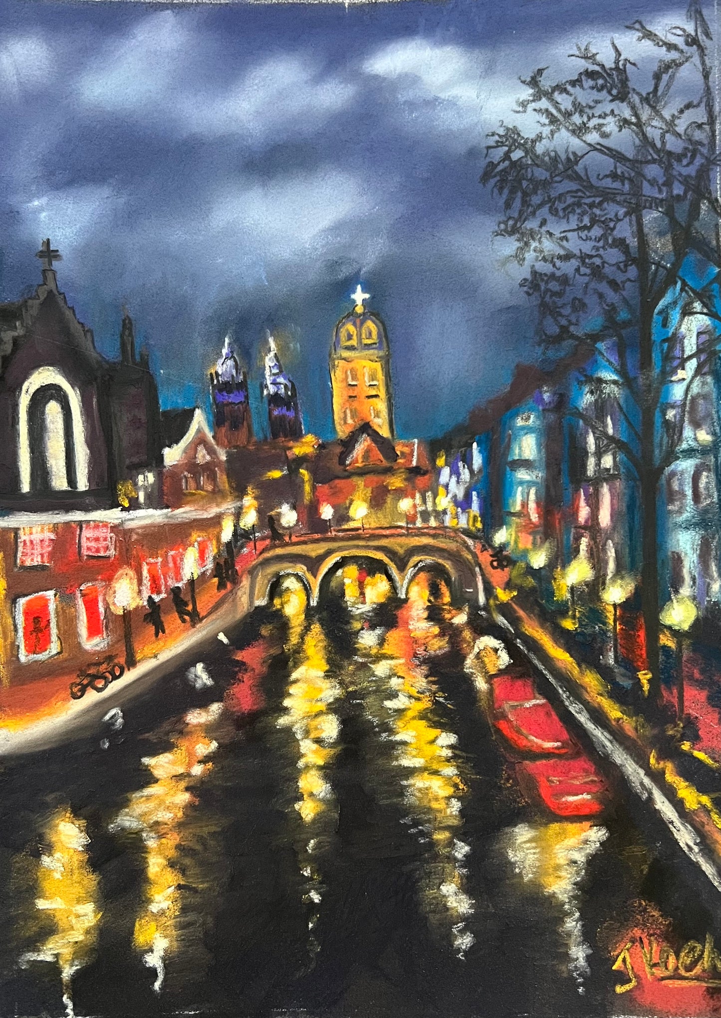 Night out in Amsterdam Original Pastel Painting