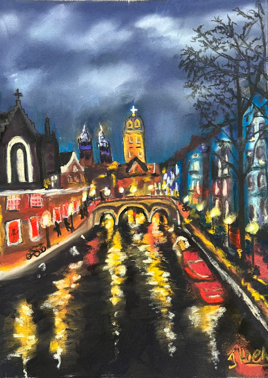 Night out in Amsterdam Original Pastel Painting