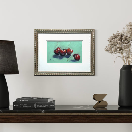 "Cherry Still Life 1" Framed pastel painting
