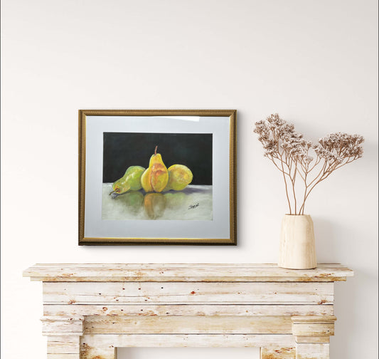 "THREE PEARS" Original Fine Art Pastel Painting Framed